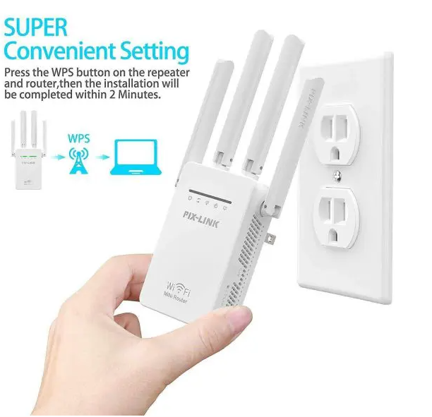 PIX-LINK N300 WiFi Repeater 300Mbps – 2.4G Wireless Signal Amplifier Router Range Extender with 4 External Antennas (WR09B)